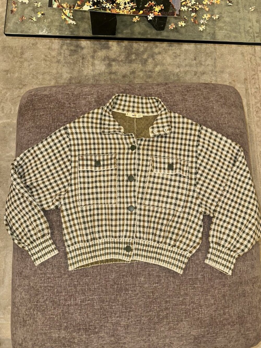 Mango Houndstooth Knit Jacket Shacket Cream Olive S